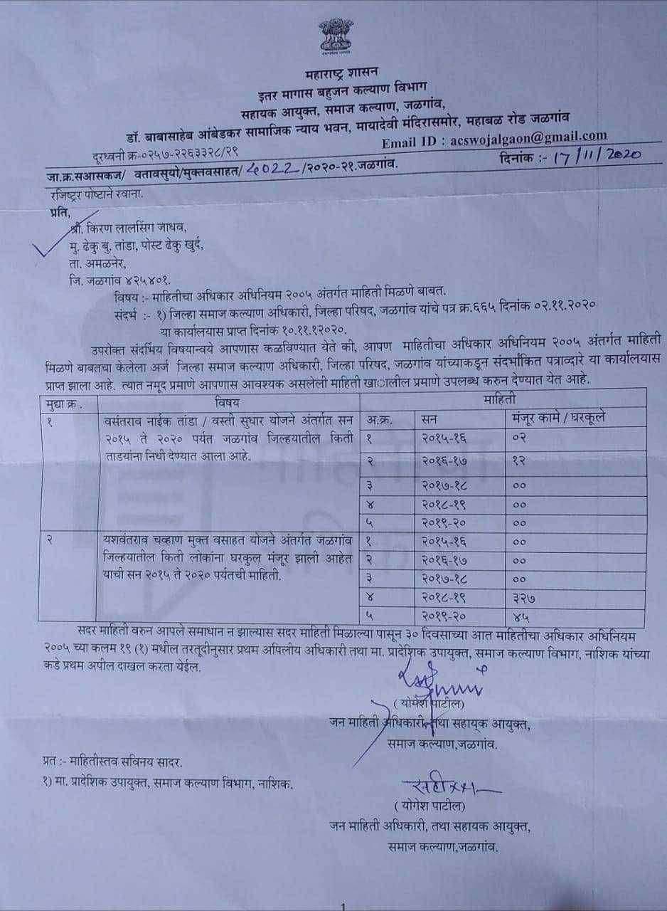 इतर मागास बहुजन कल्याण विभाग सहायक आयुक्त, समाज कल्याण, जळगाव यांच्या कडून माहिती मागण्यात आली.
